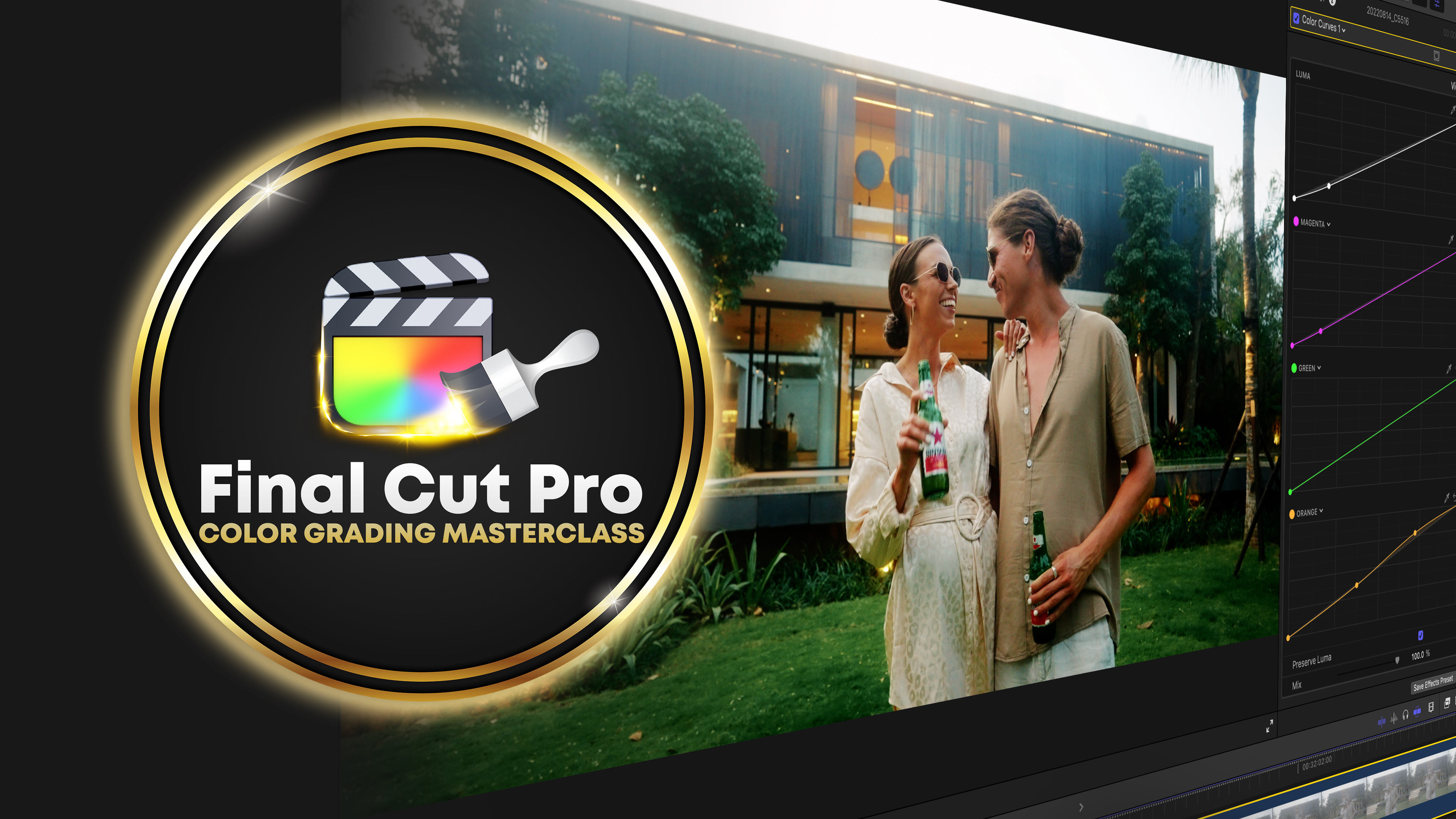 The FCP Color Grading Masterclass: lesson interface with color curves in Final Cut Pro