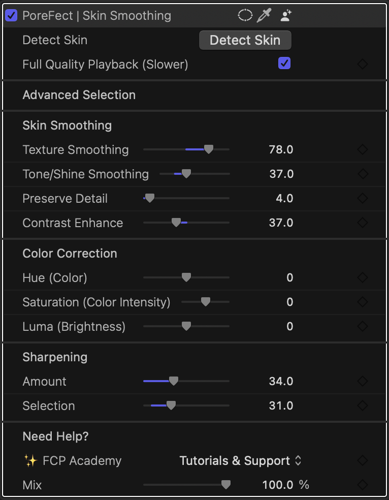 The PoreFect controls inside Final Cut Pro