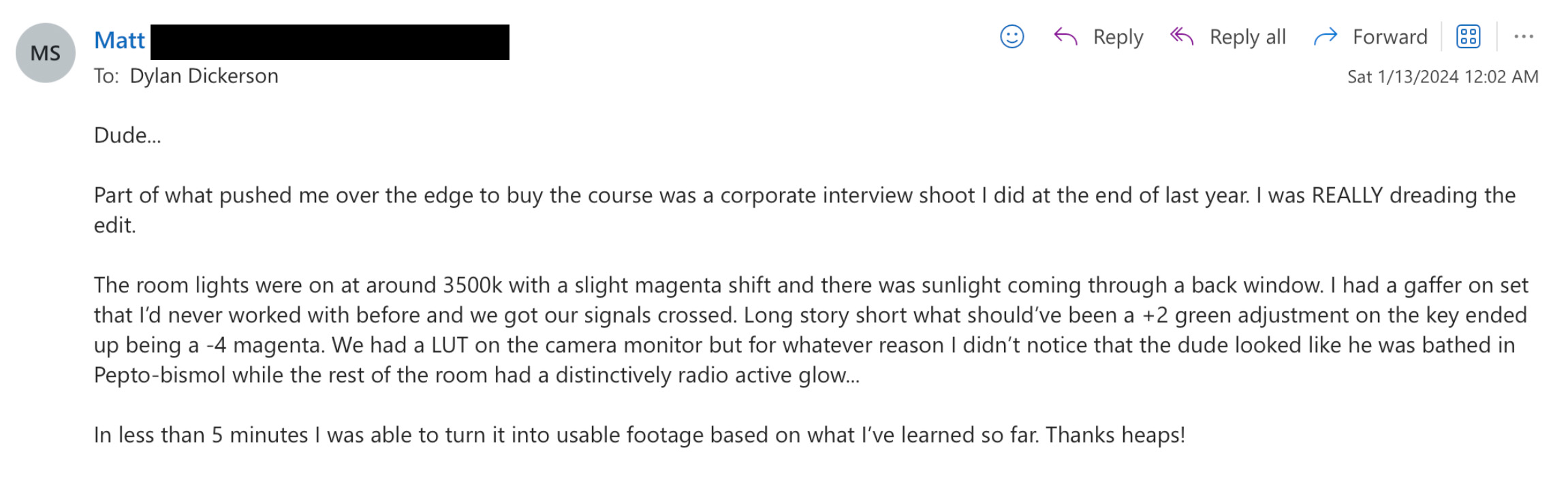 Student testimonial